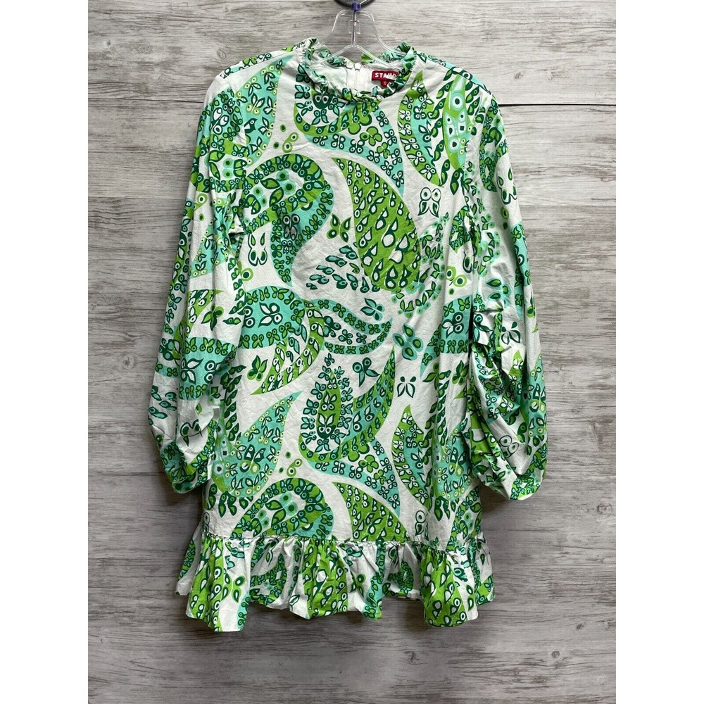 Staud 10 Paisley Carolina Shift Mini Dress Green White Cotton Blend 3/4 Sleeves